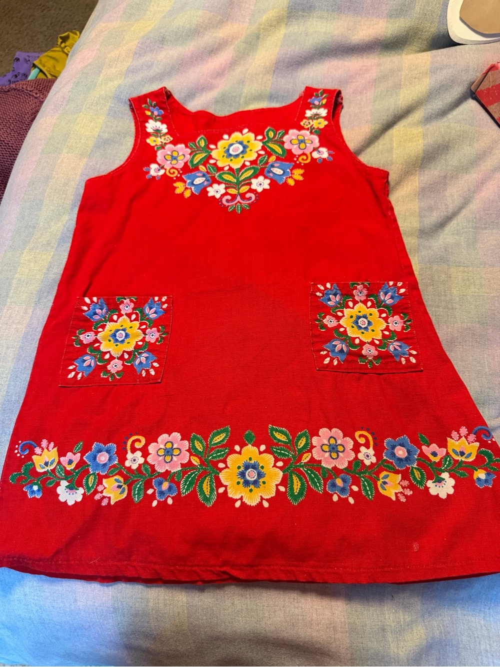 Vintage Girls' Red Floral Embroidered Sleeveless Dress (homemade)